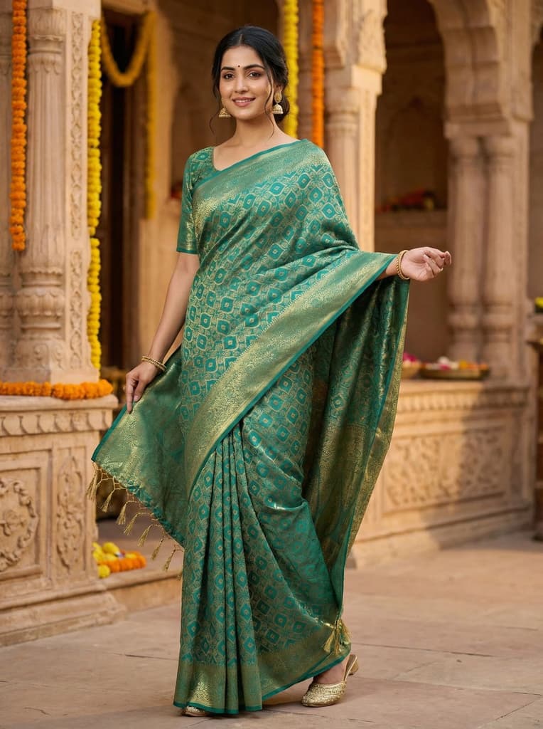MIMOSA Women's Woven Design Banarasi Style Raw Silk Saree with Blouse Piece - Rama ( SA00003131RMFREE ) — Default Title