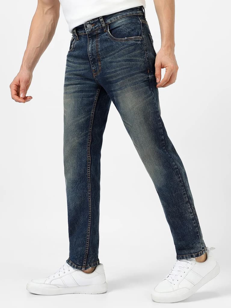 Men's Dark Blue Regular Fit Washed Jeans Stretchable — photo 2