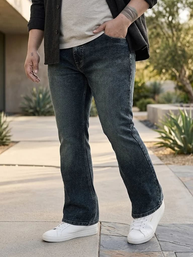 Plus Men's Dark Blue Bootcut Fit Mid Rise Tinted Heavy Washed Jeans Stretchable — 36 / Dark Blue