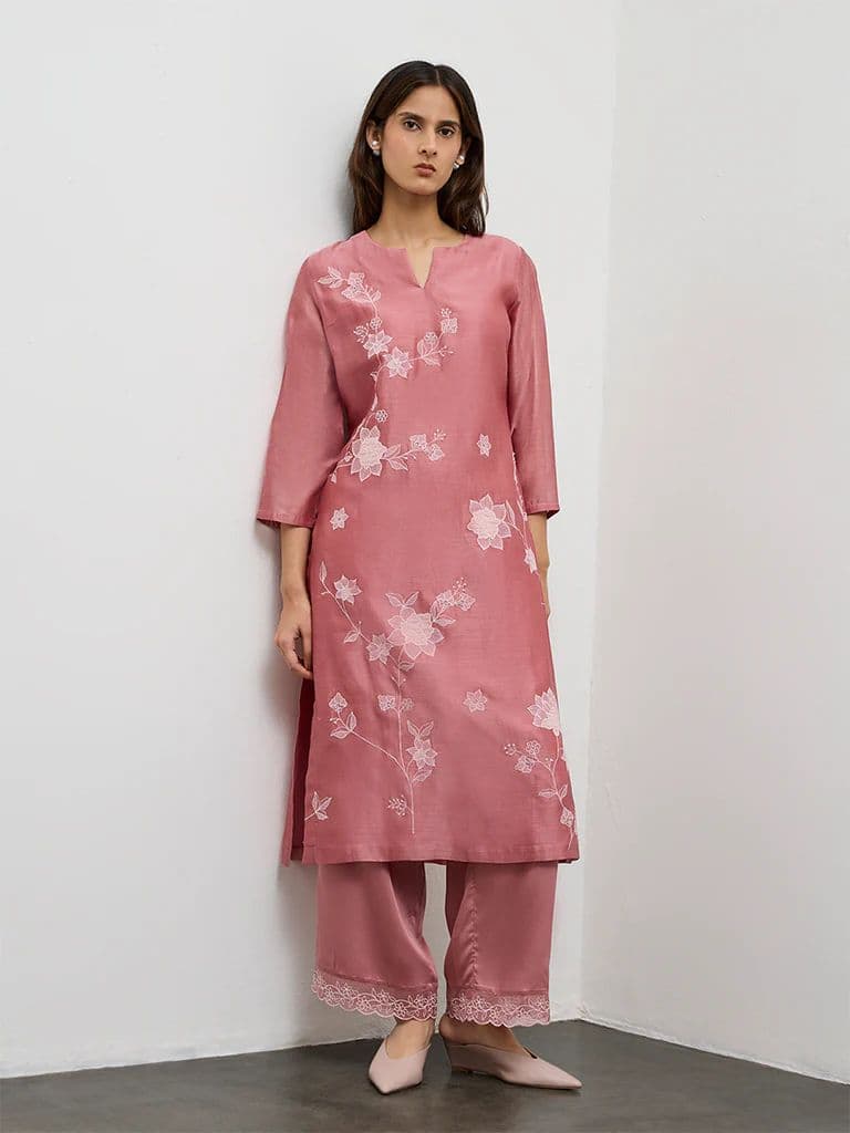 Zuba Dusty Pink Floral Embroidered Cotton-Blend A-Line Kurta — photo 2