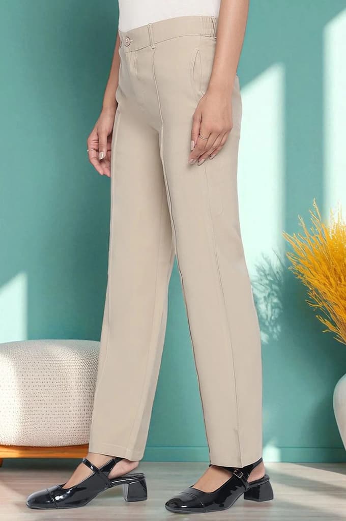 Beige Solid Korea Rayon Twill Pants In Ankle Length with YKK Zipper — photo 5