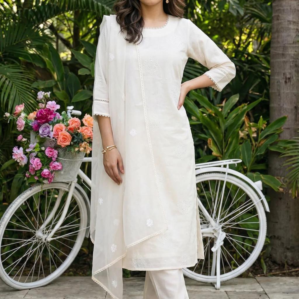 Off White Thread Embroidered Chanderi Straight Kurta with Straight Pants and Organza Dupatta Set