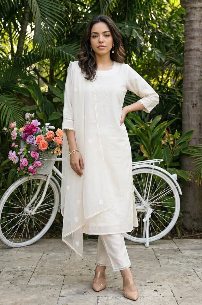 Off White Thread Embroidered Chanderi Straight Kurta with Straight Pants and Organza Dupatta Set — XS