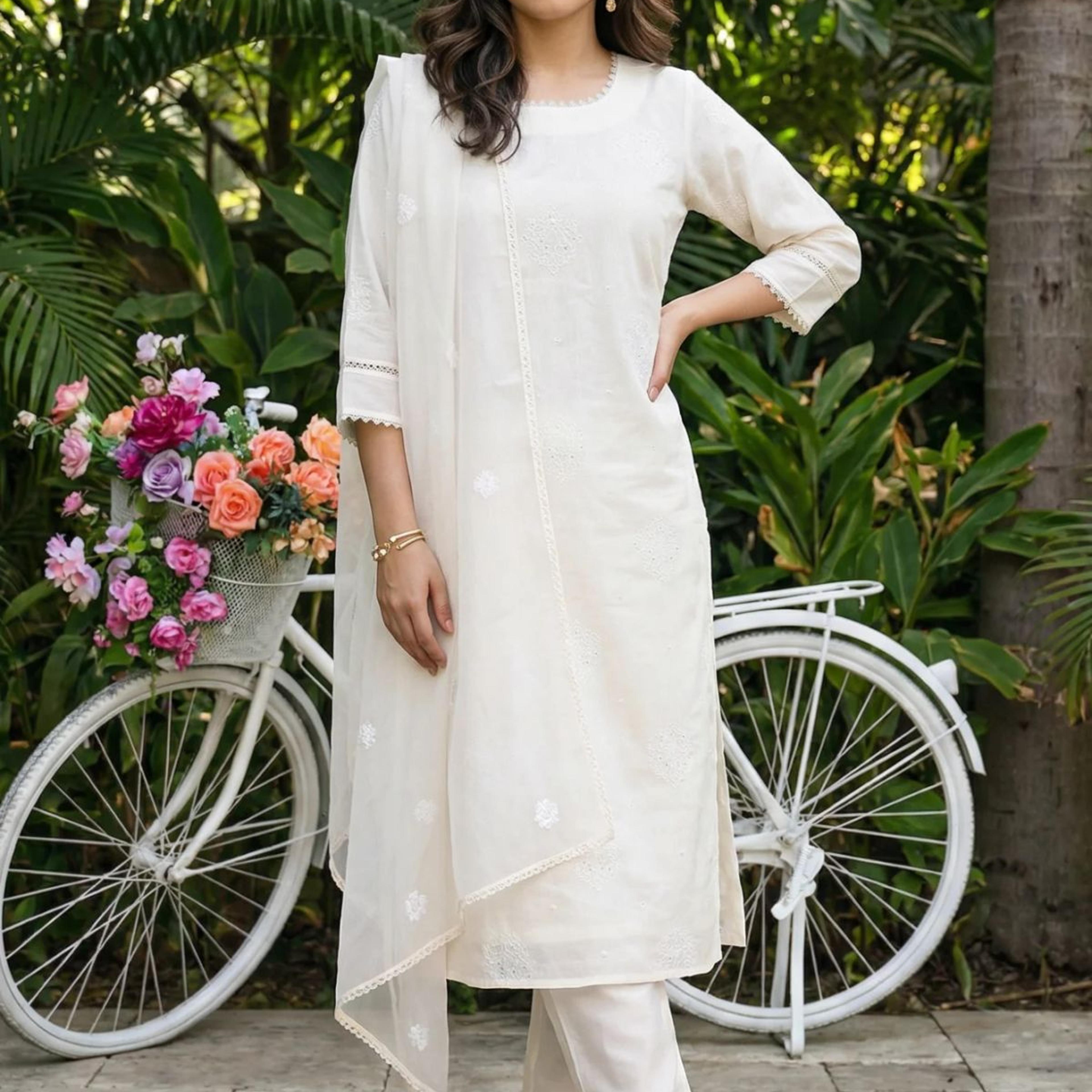 Off White Thread Embroidered Chanderi Straight Kurta with Straight Pants and Organza Dupatta Set