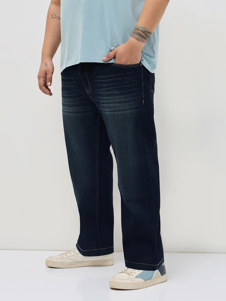 Plus Men's Dark Blue Regular Fit Whisker Washed Yellow Tint Denim Jeans Stretchable — photo 2