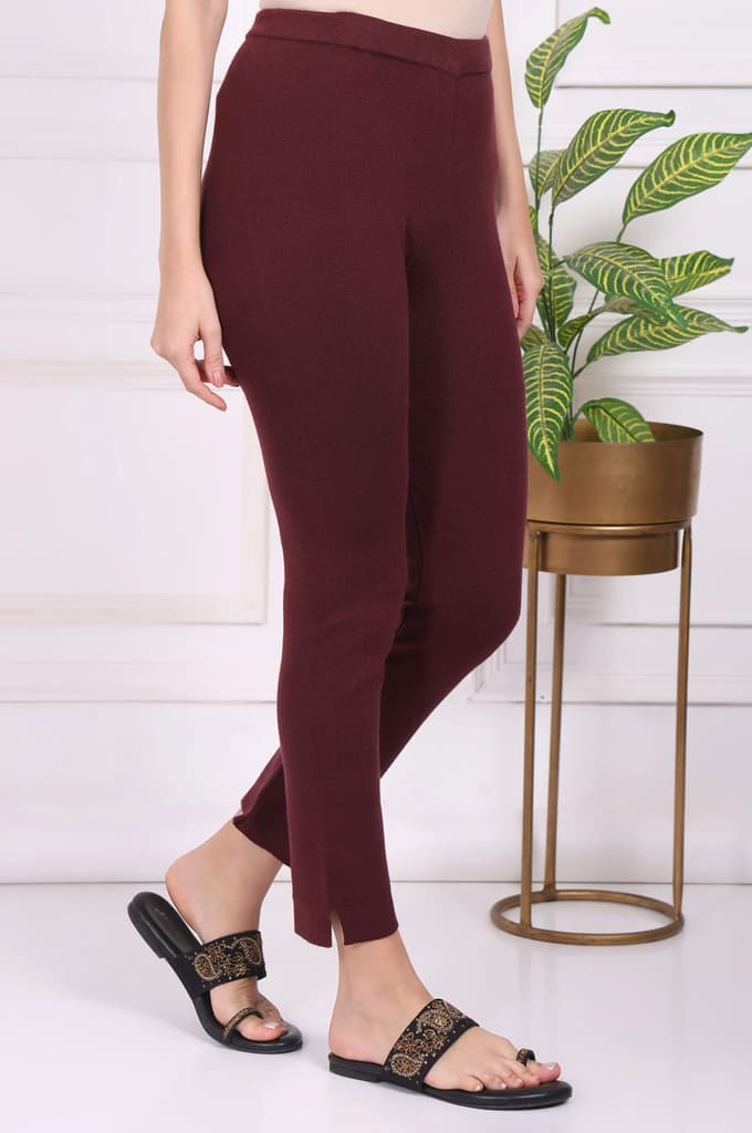 Maroon Solid Blend Ankle Length Slim Fit Straight Pants — photo 3