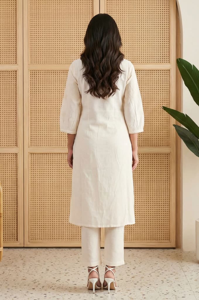 Off White Embroidered Rayon Straight Kurta and Pants Set — photo 5