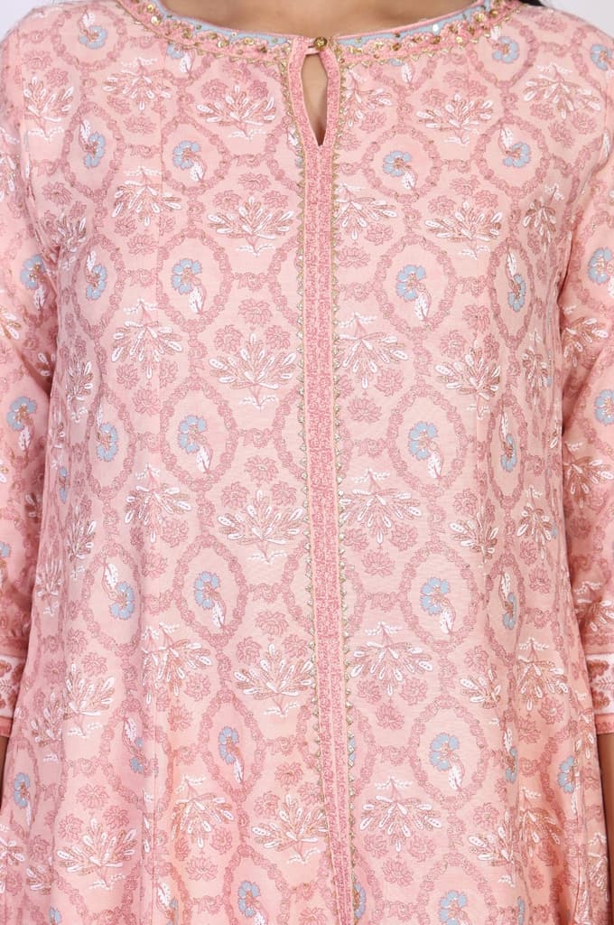 Pink Floral Ethnic Printed Embellished A-Line Rayon Kurta — photo 3