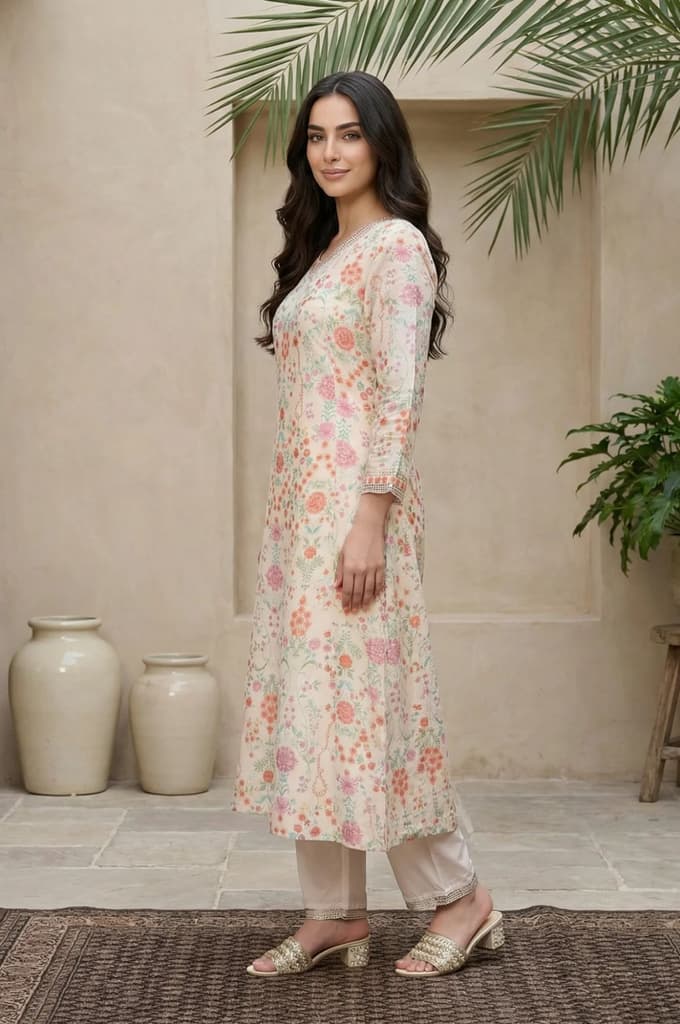 Cream Floral Printed Tissue A-Line Kurta with Straight Pant and Dupatta Set — photo 3