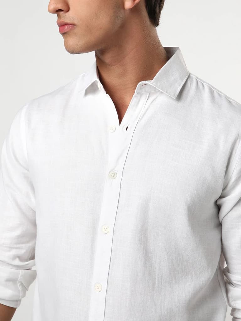 Men's White Linen Blend Full Sleeve Relaxed Fit Casual Solid Shirt — photo 6