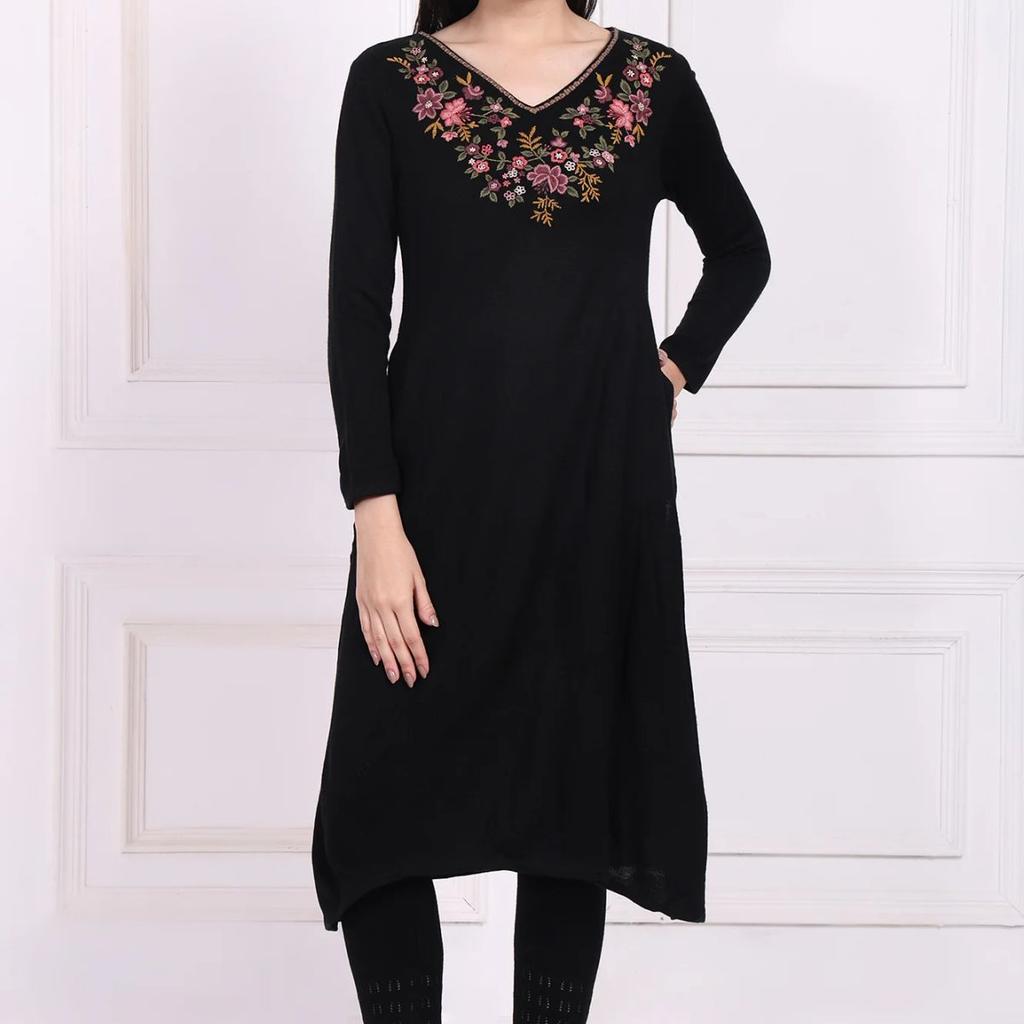 Black Embroidered Straight Acrylic Winter Kurta
