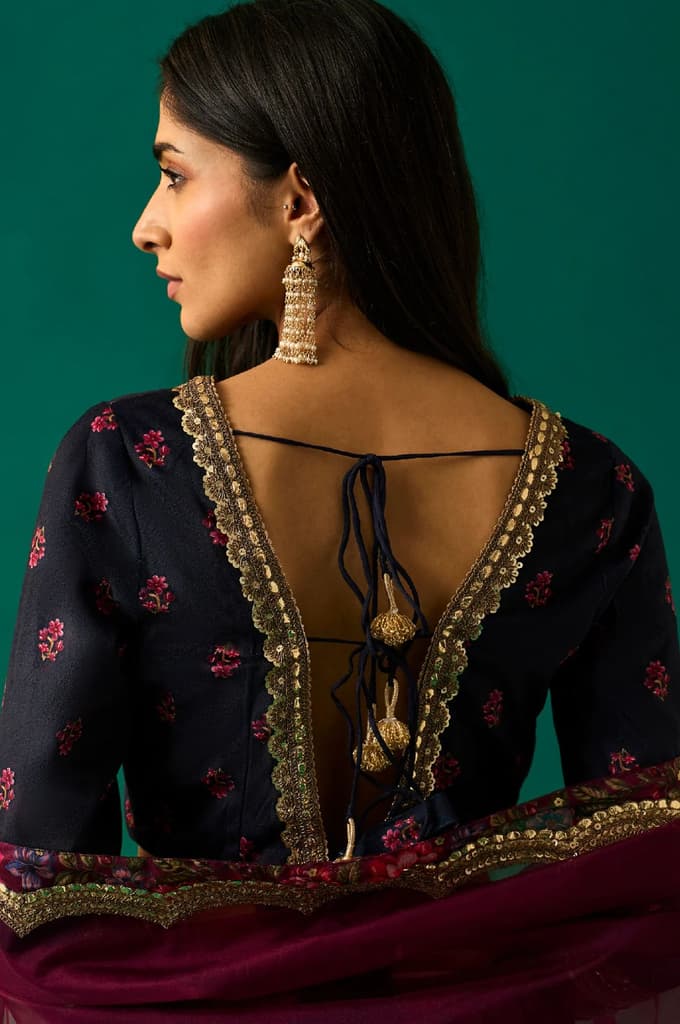 Purple Floral Embroidered Winter Velvet Blouse with Skirt and Dupatta Set — photo 7