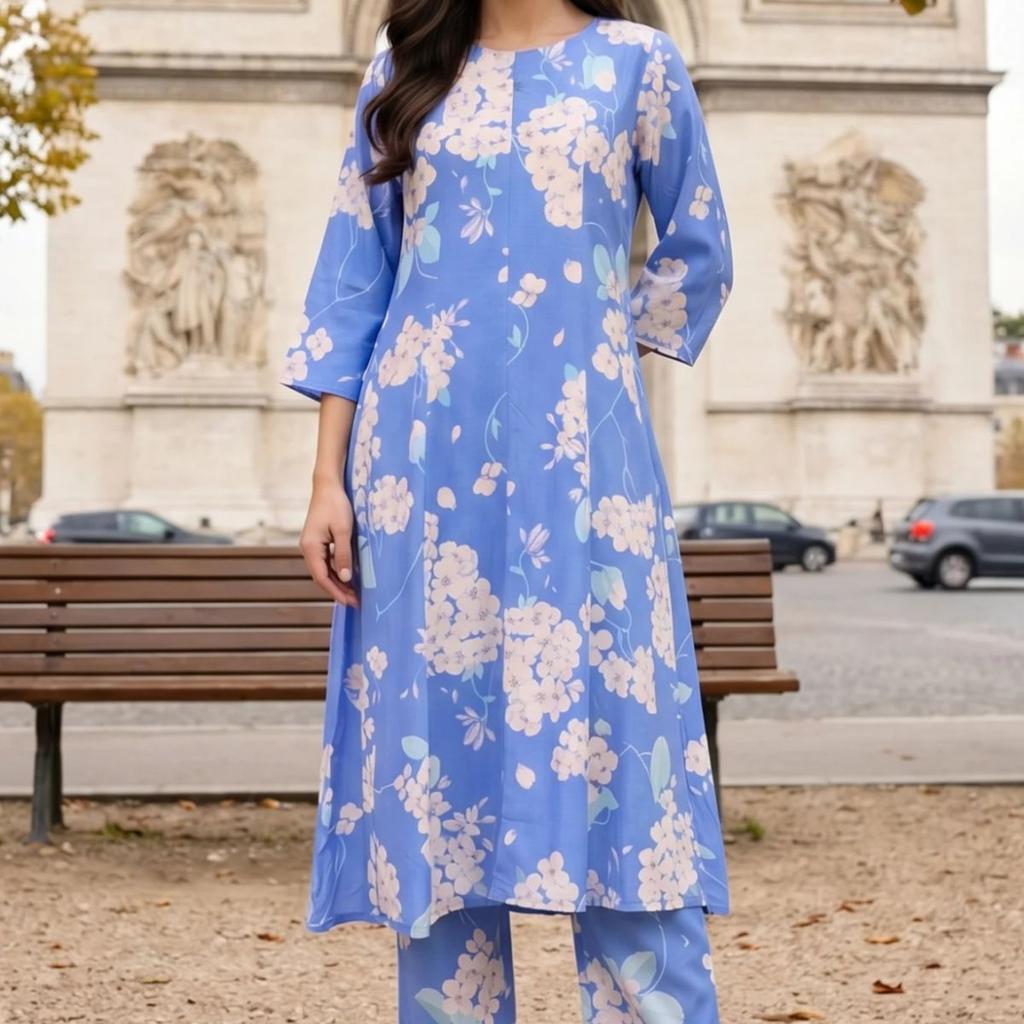 Blue Floral Printed Cotton Flax Flared Kurta