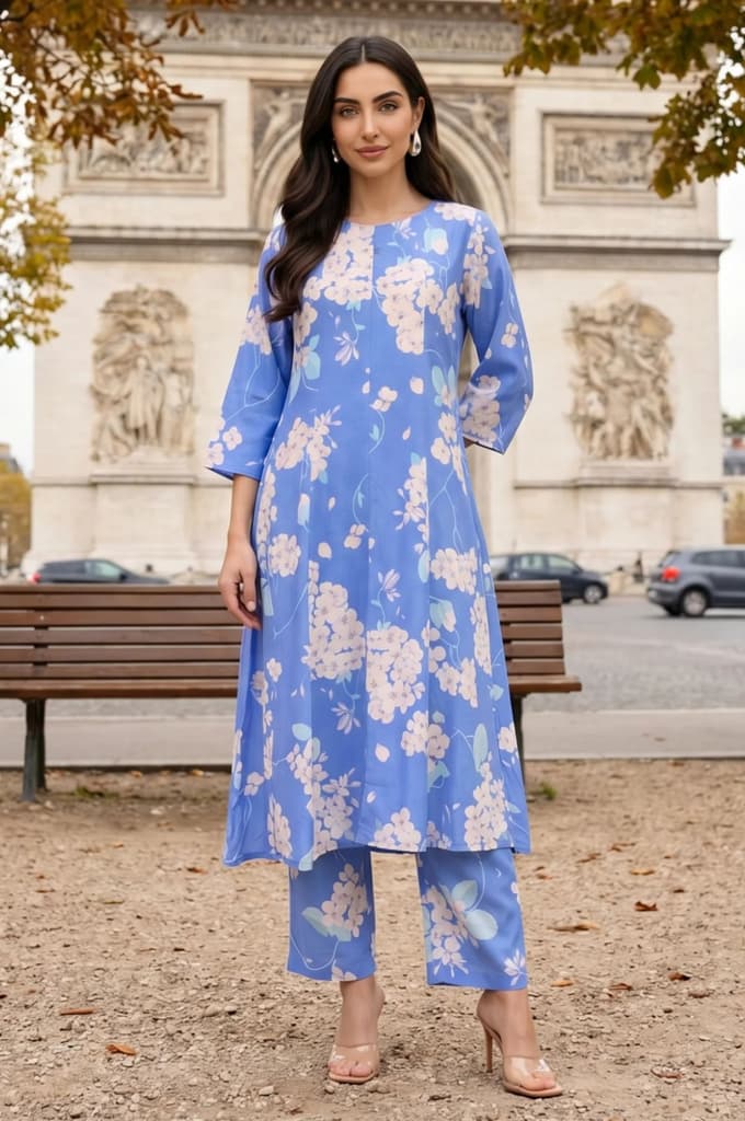 Blue Floral Printed Cotton Flax Flared Kurta