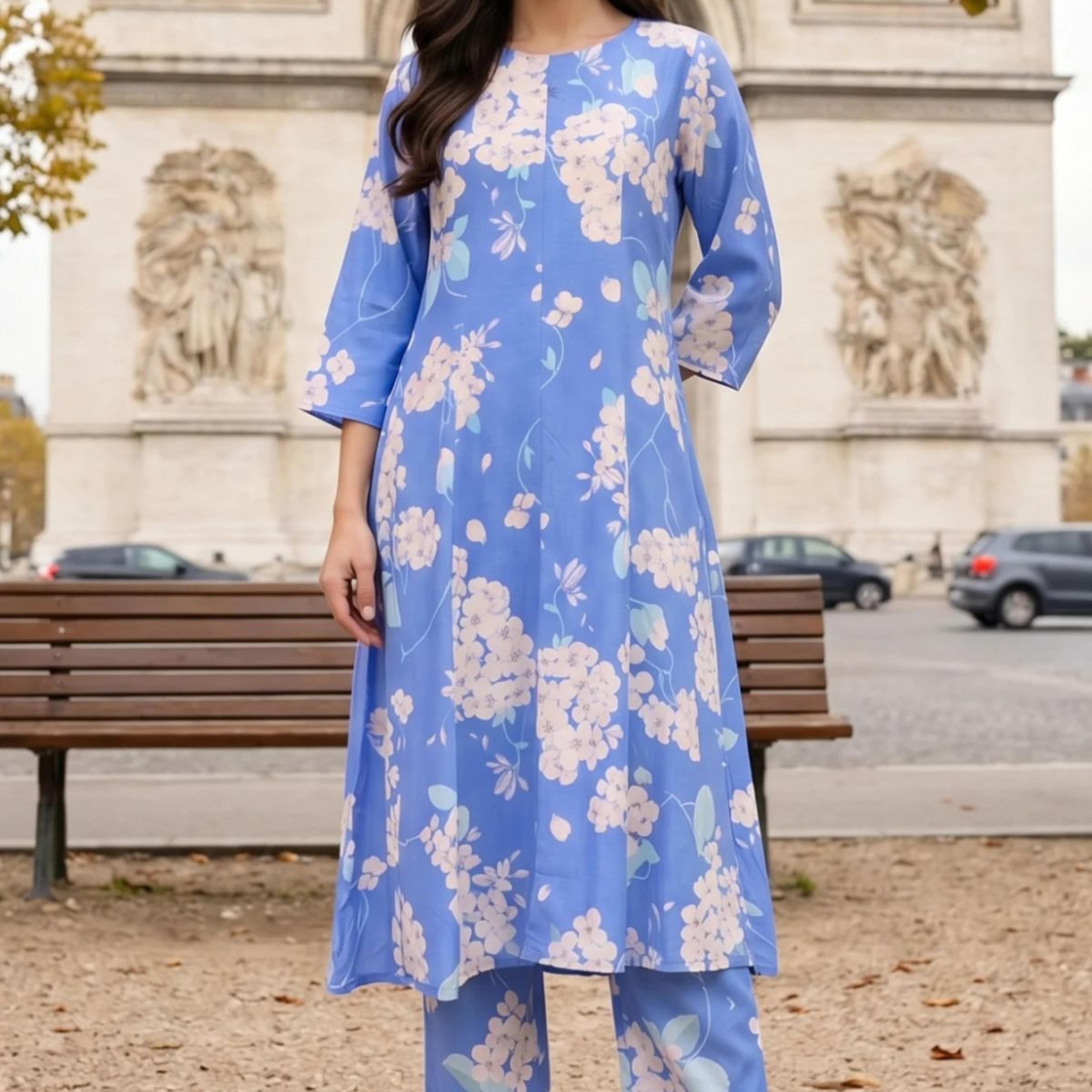 Blue Floral Printed Cotton Flax Flared Kurta