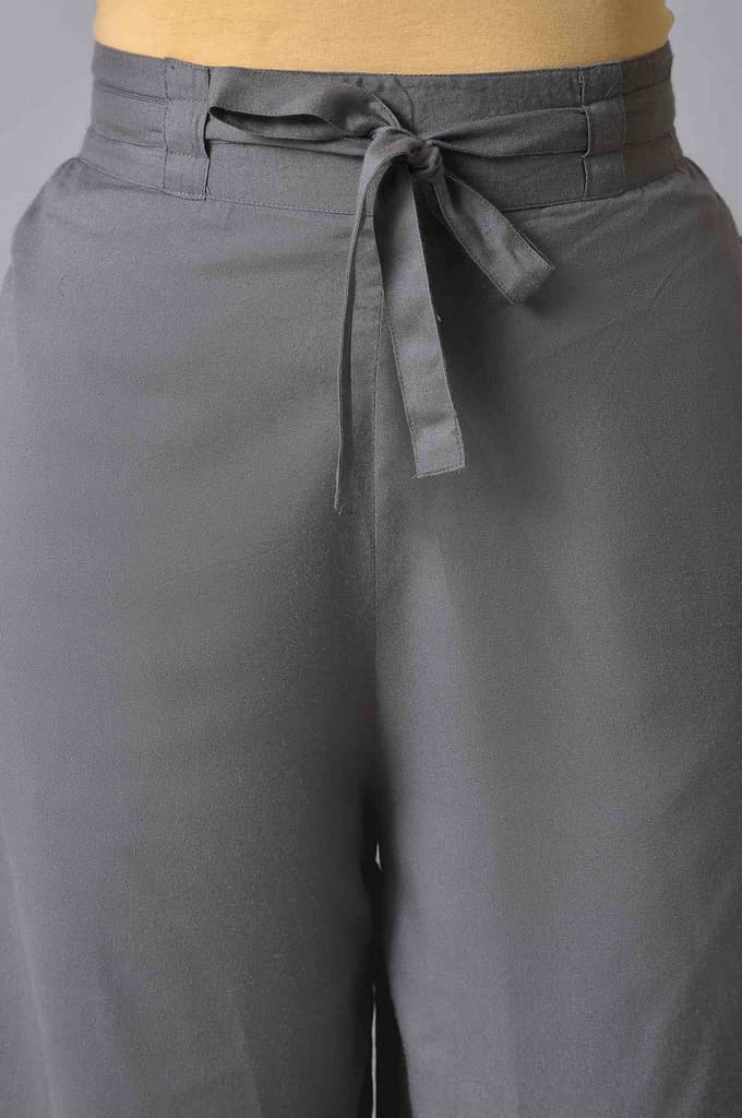 Grey Solid Flared Cotton Palazzo With Elasticated Waist — photo 6