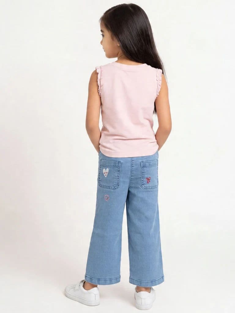 HOP Kids Girls Light Blue Floral Design Wide Leg Jeans — photo 2