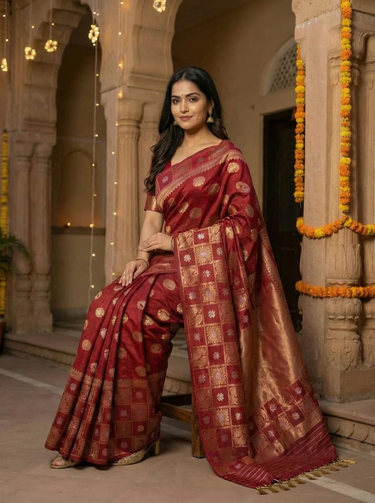 MIMOSA Women's Woven Design Banarasi Style Chiffon Saree with Blouse Piece - Maroon ( SA00003124MRFREE ) — photo 4