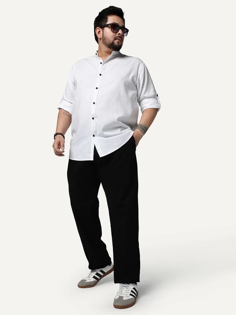 Plus Men's White Linen Blend Full Sleeve Relaxed Fit Mandarin Collar Casual Solid Shirt — photo 4