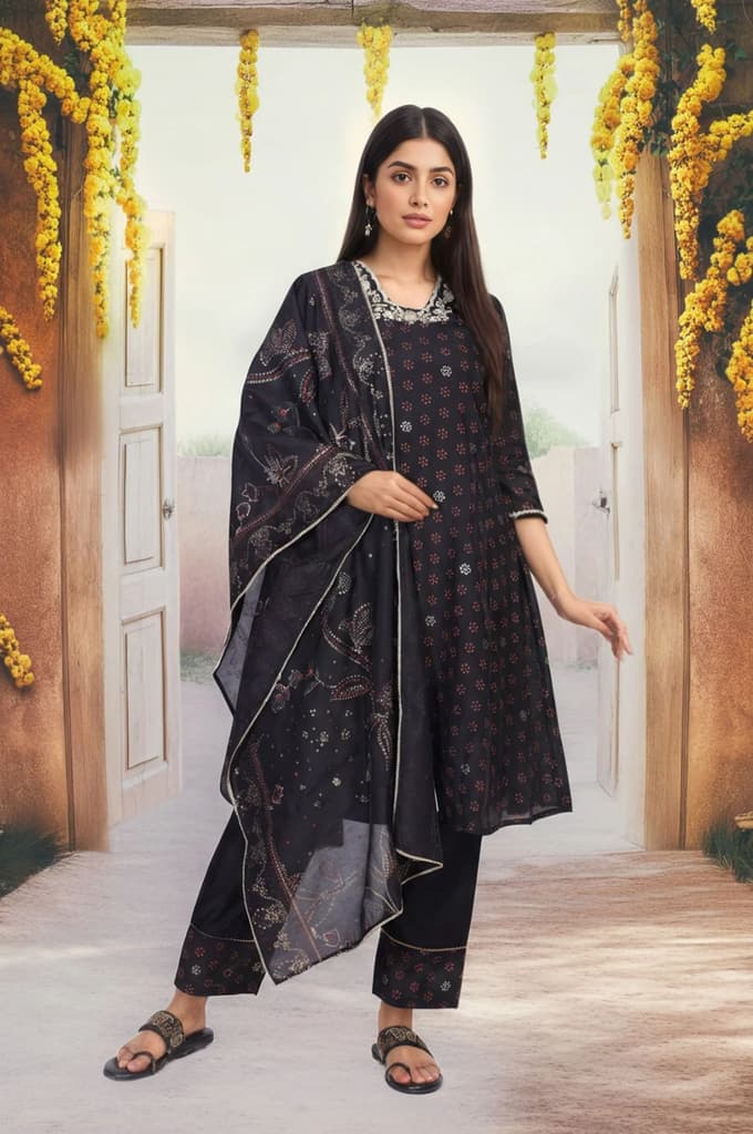 Black Embroidered A-Line Kurta with Straight Pant and Dupatta Set — XS