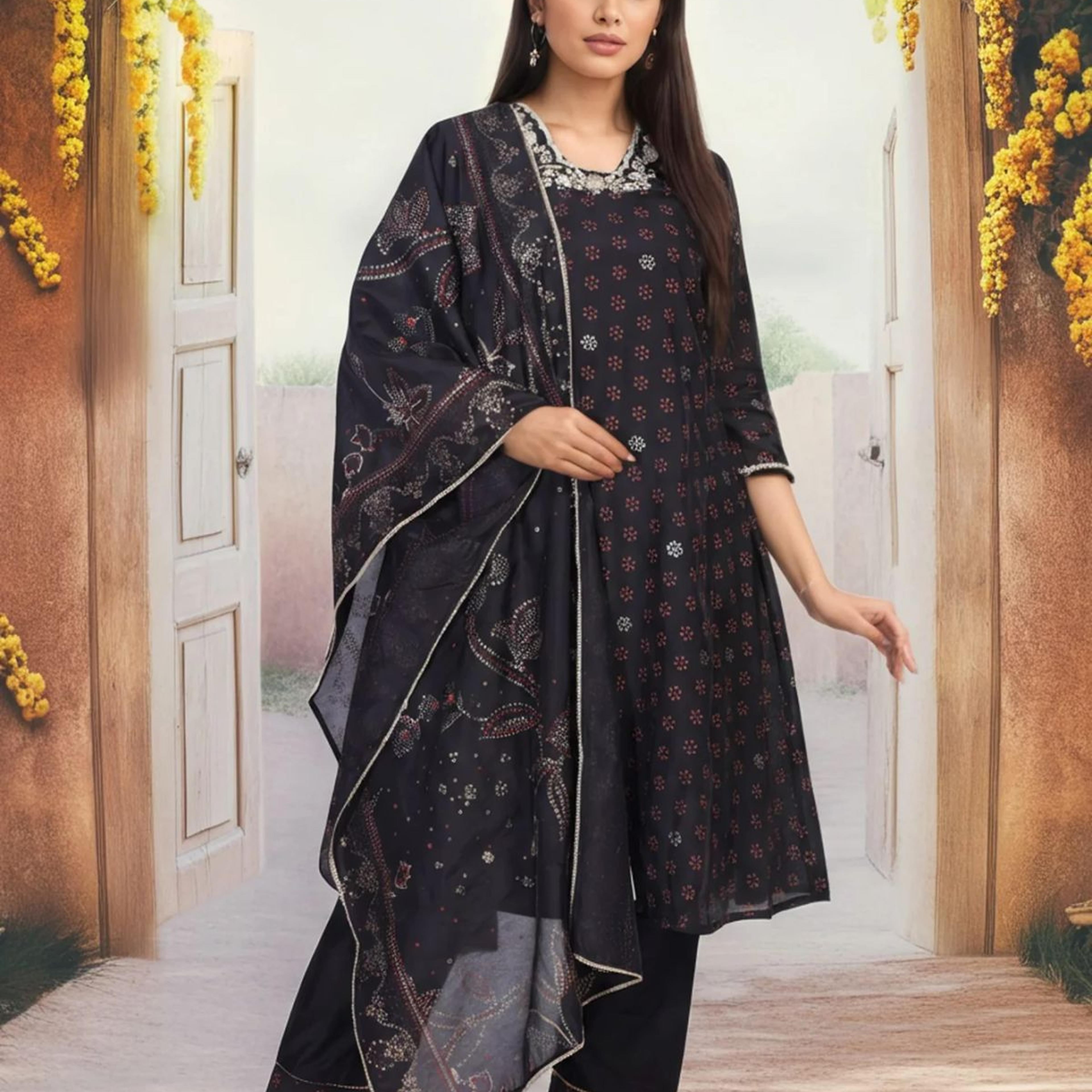 Black Embroidered A-Line Kurta with Straight Pant and Dupatta Set
