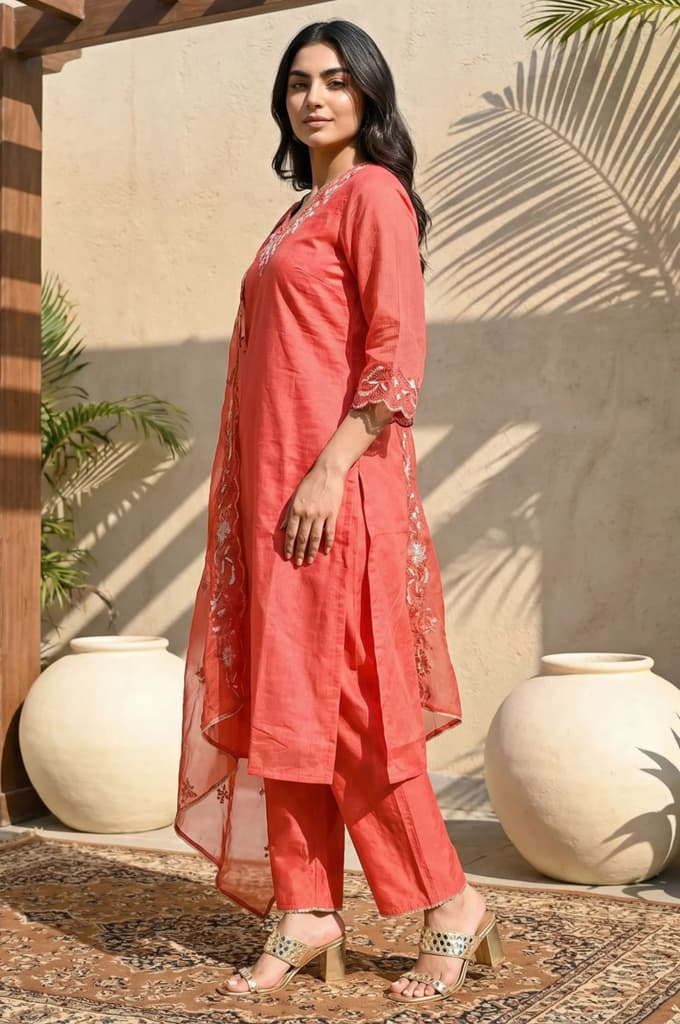Red Embroidered Straight Kurta with Pants and Dupatta Set — photo 3
