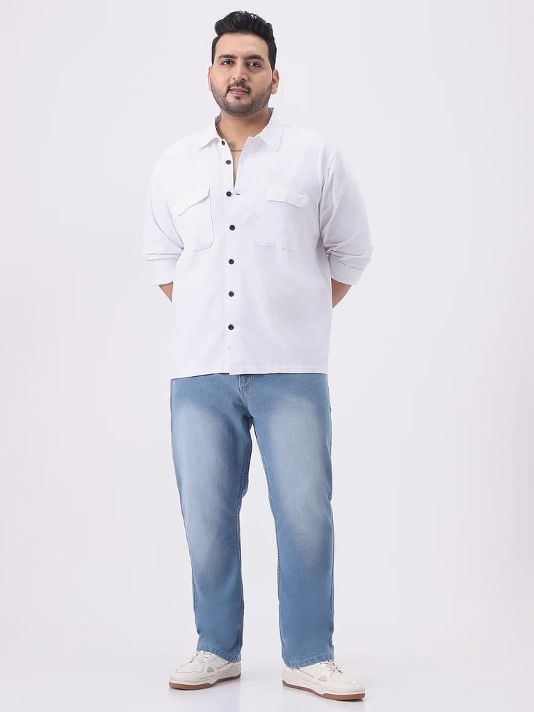 Plus Men's White Cotton Full Sleeve Relaxed Fit Shacket with Utility Pockets — photo 4