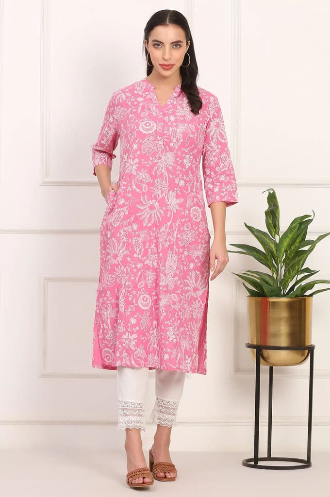 Pink Floral Printed Lurex-Embellished Straight Cotton Lurex Kurta — photo 2