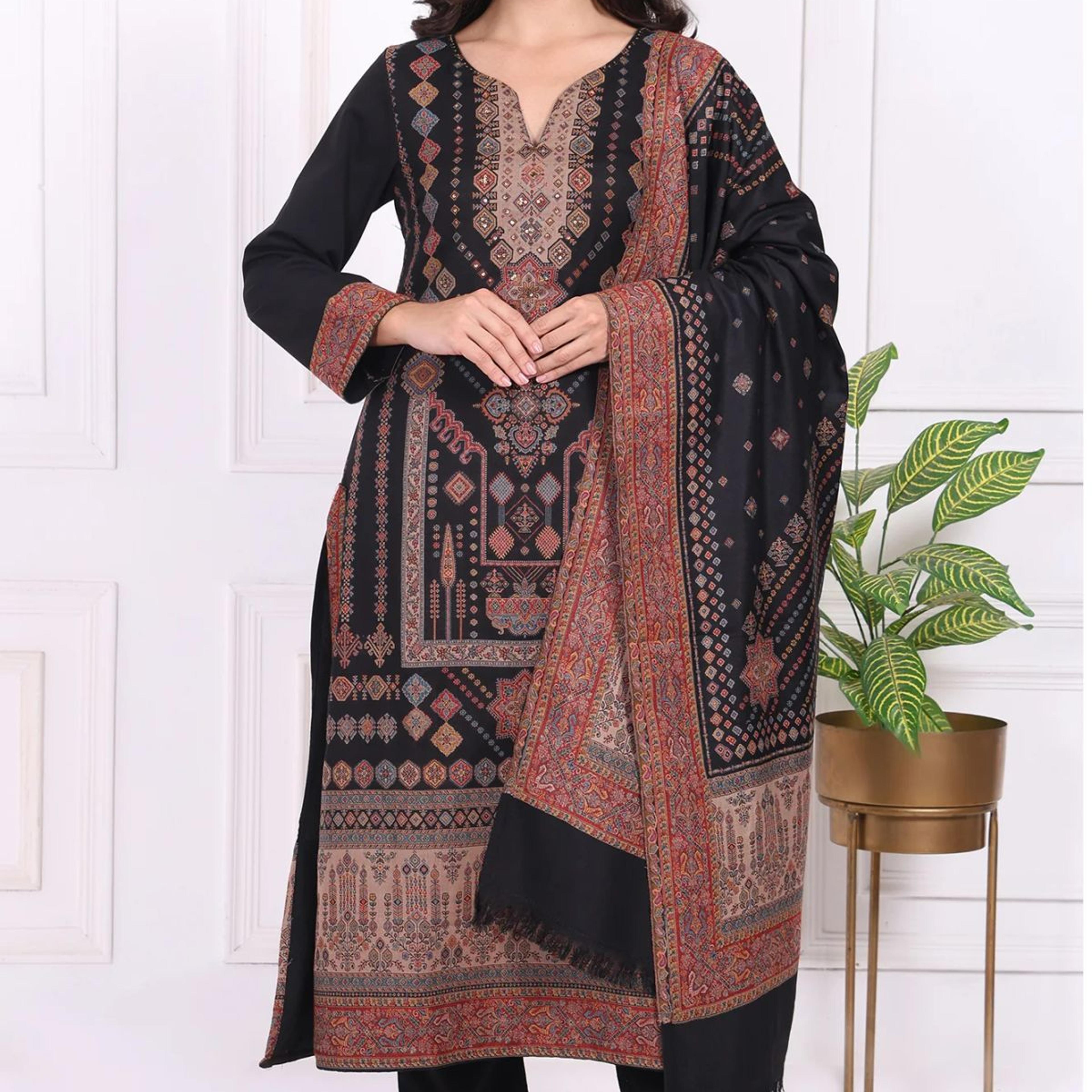 Black Ethnic Motifs Printed Straight Kurta, Pants and Shawl Set