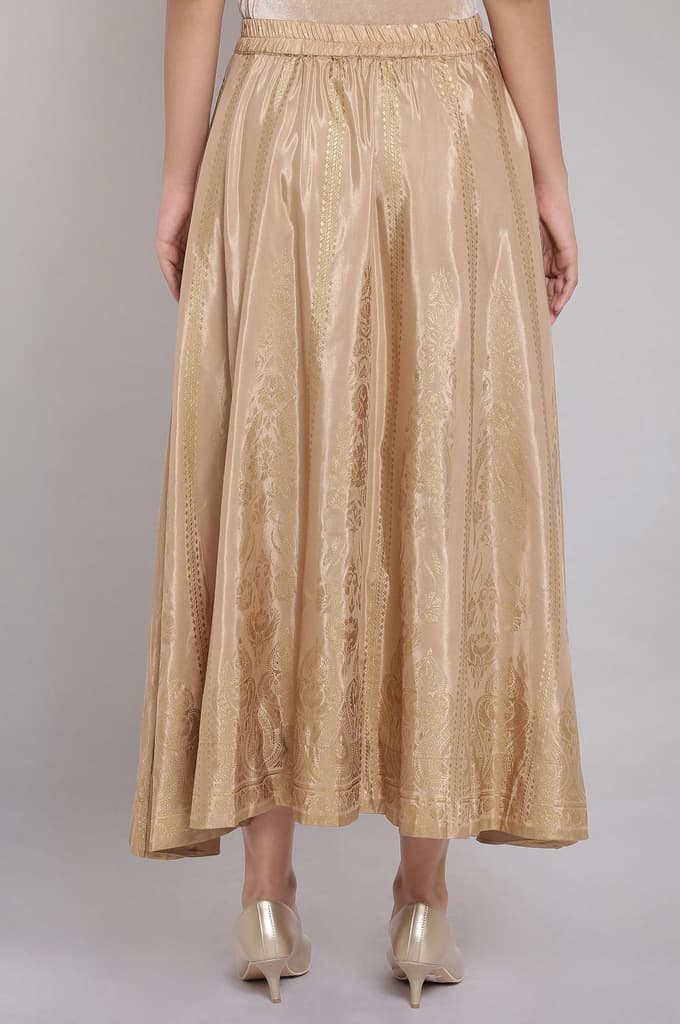 Gold Floral Printed Flared Silk Skirt With Elasticated Waist — photo 2