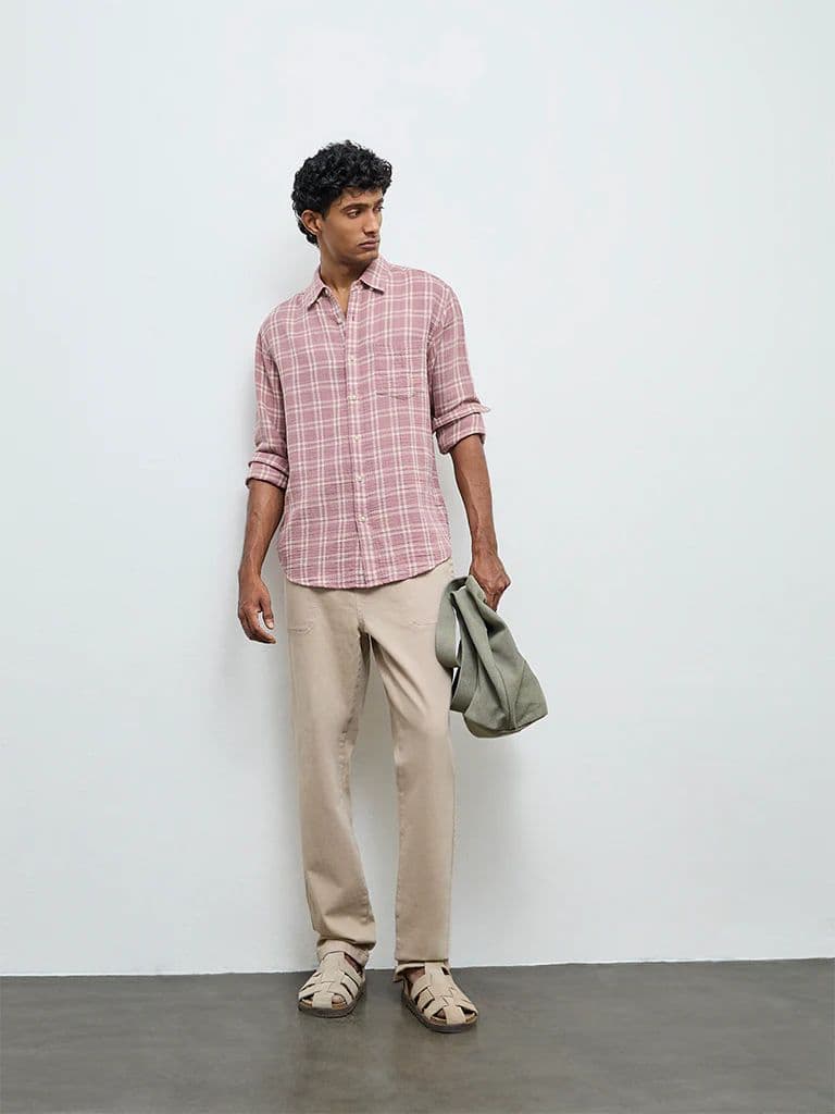 WES Casuals Dusty Pink Checks Relaxed-Fit Cotton Shirt — photo 3