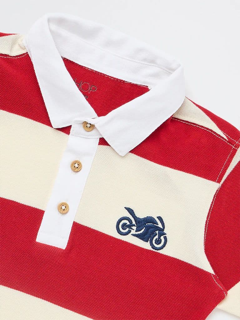 HOP Kids Boys Red Striped Cotton Polo T-Shirt — photo 6