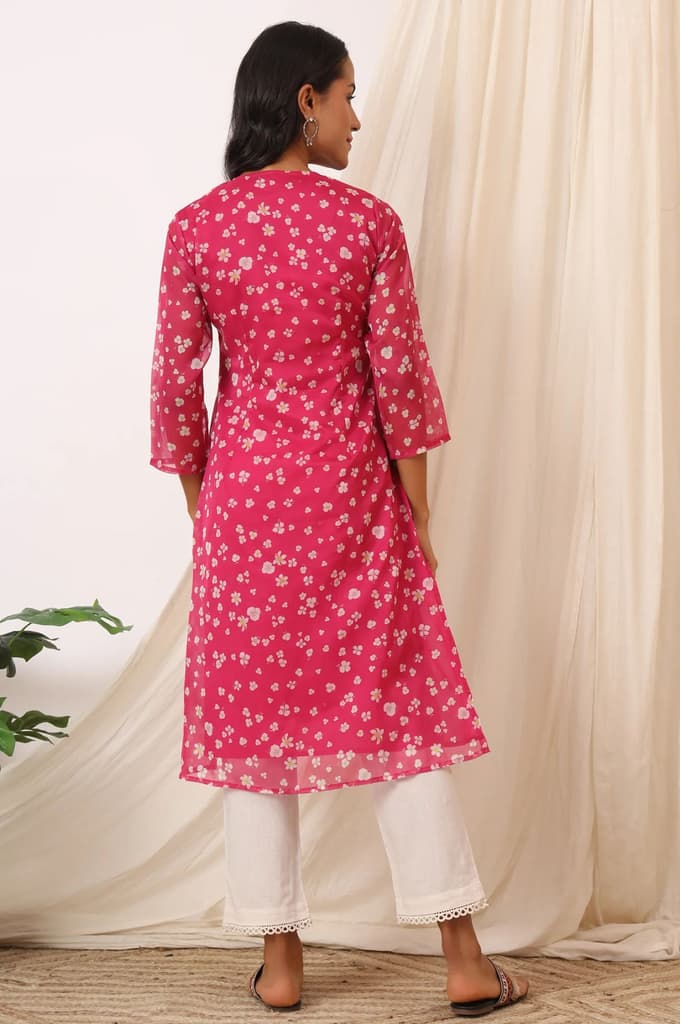 Pink Floral Printed Organza Straight Kurta — photo 5