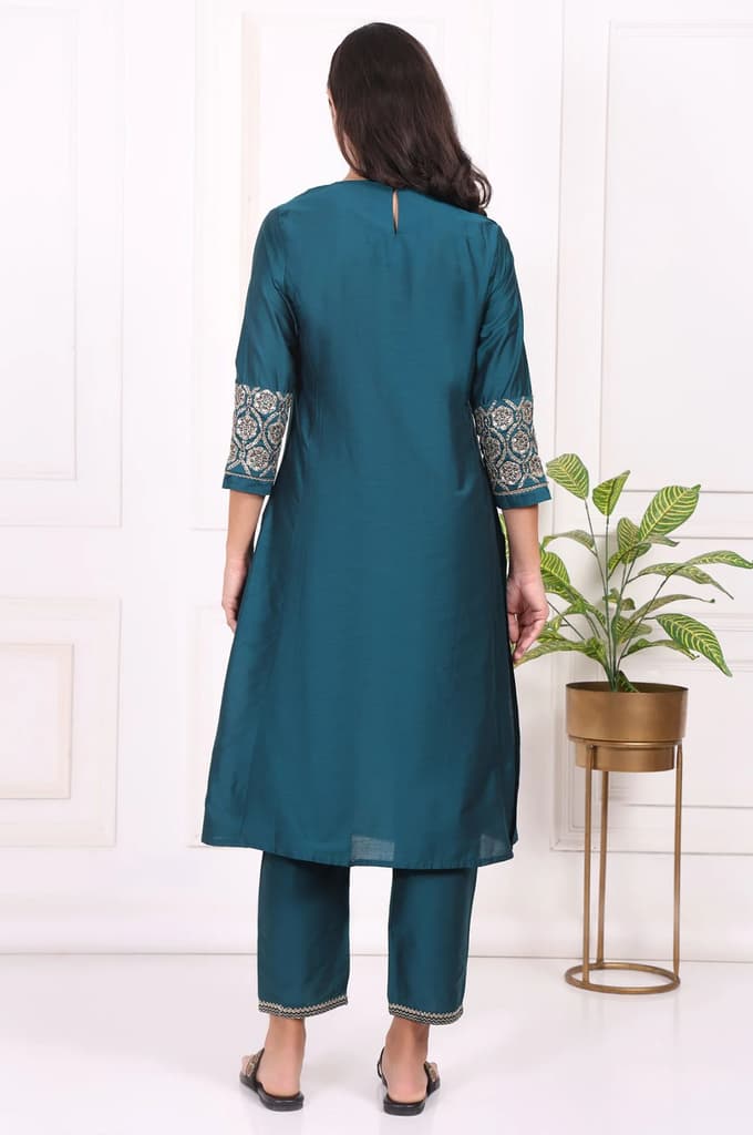 Teal Solid Metallic Embroidered Straight Kurta — photo 5