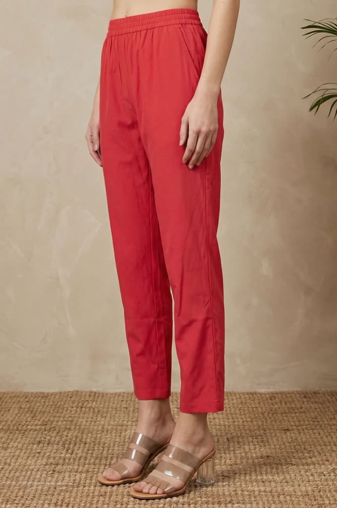 Red Solid Rayon Straight Fit Ankle Length Mid Rise Pants — photo 2