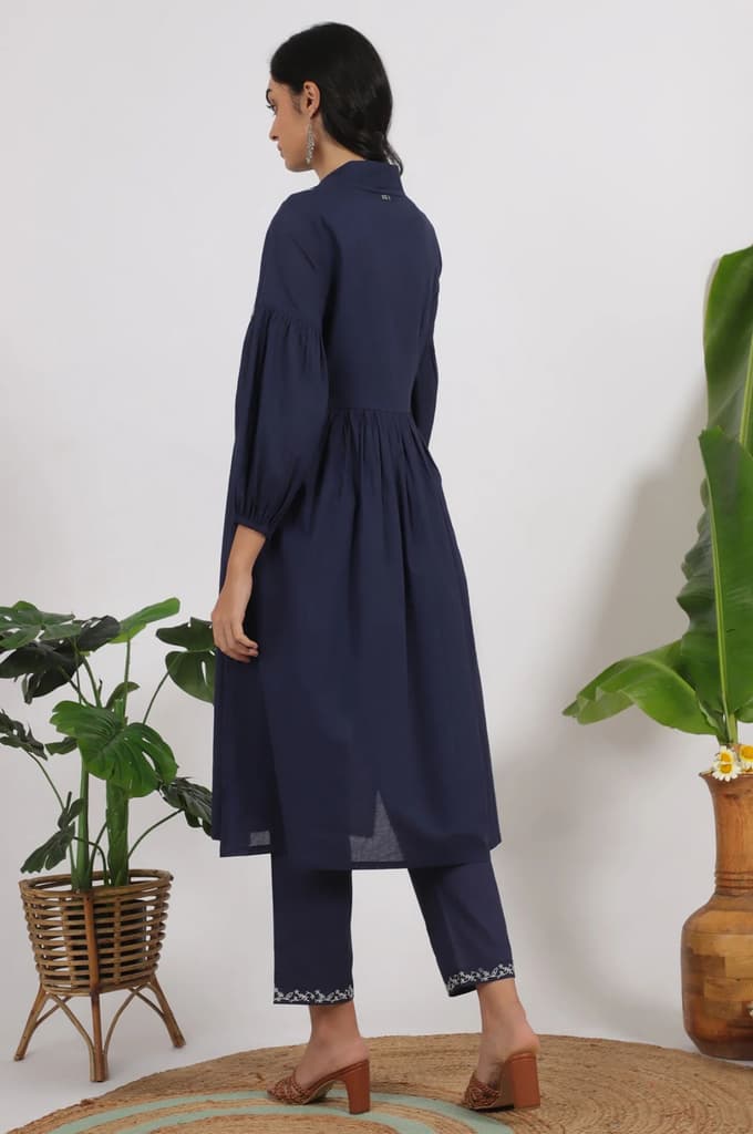 Navy Blue Embroidered Yoke Pure Cotton Kurta and Pants Co-ord Set — photo 6
