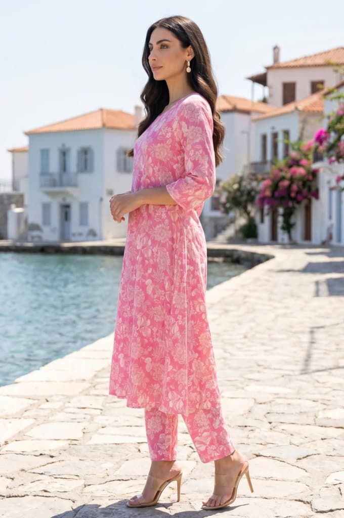 Pink Floral Printed Cotton Flax Flared Kurta — photo 4