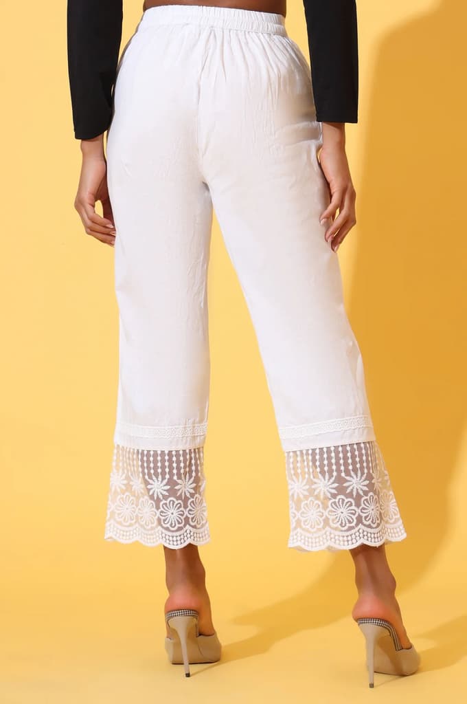 White Solid Pure Cotton Schiffli Embroidered Palazzo Pants — photo 4