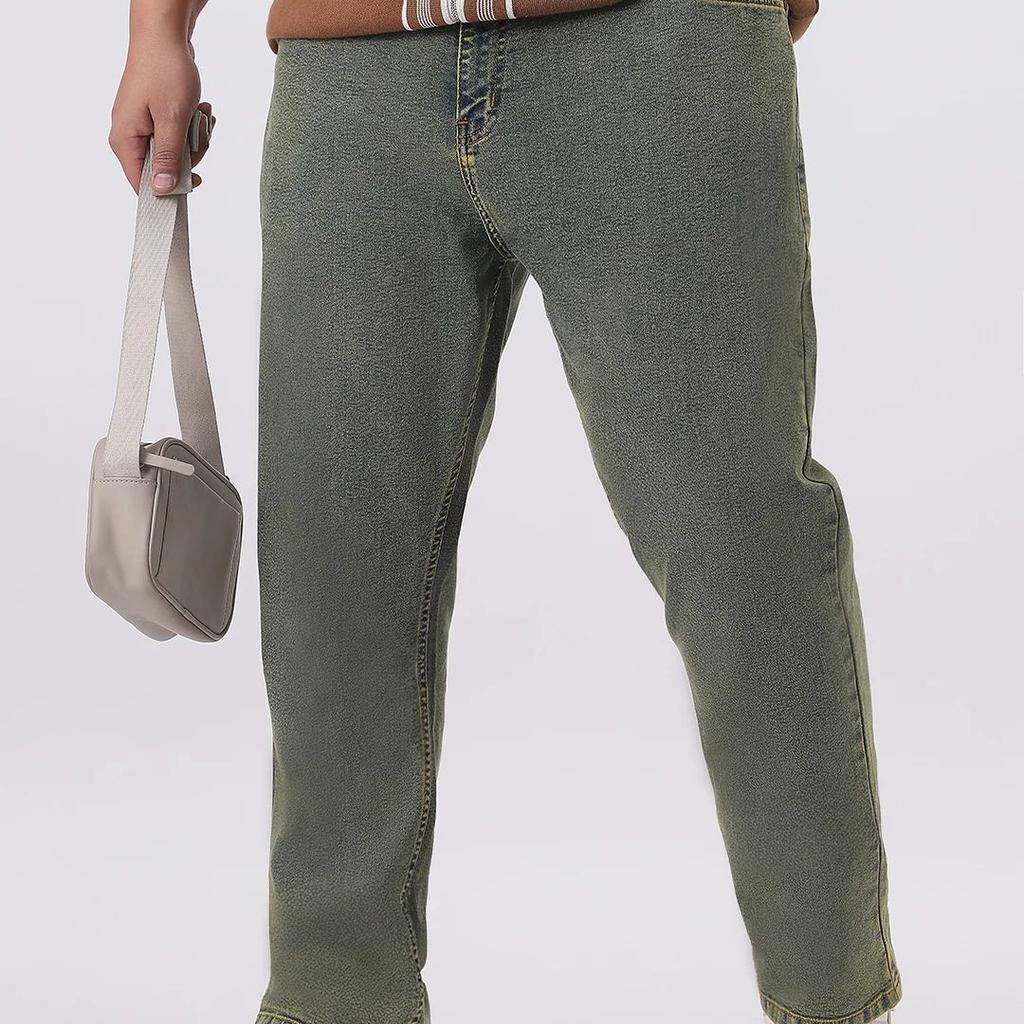 Plus Men's Ice Blue Straight Fit Heavy Washed Jeans Stretchable