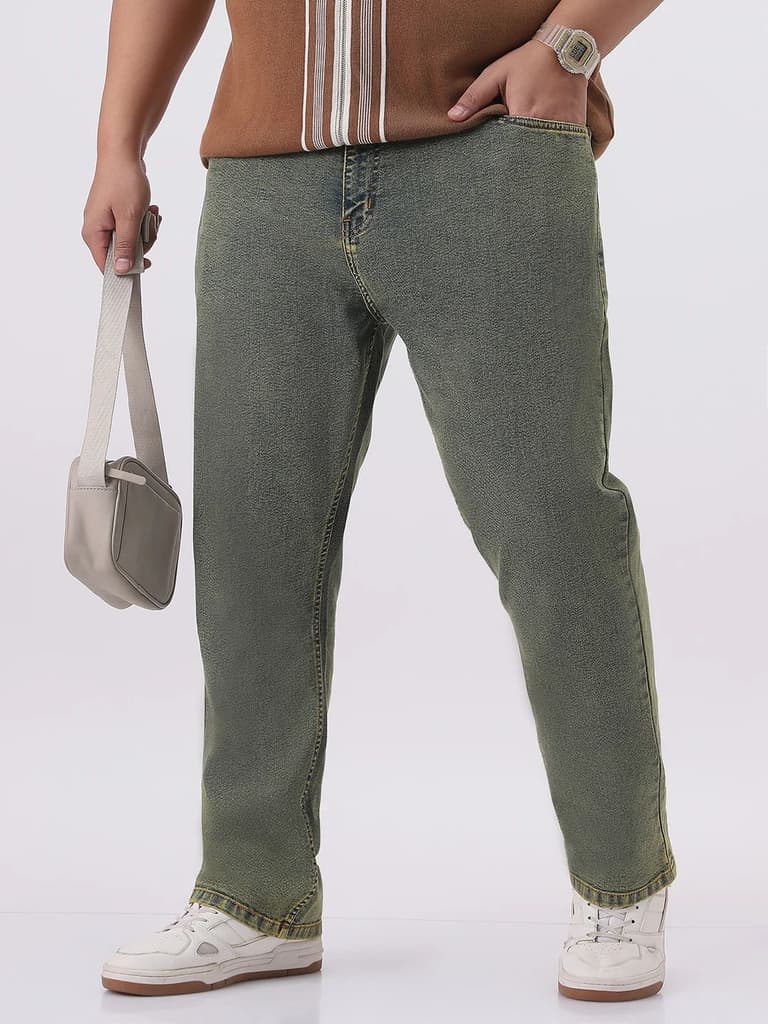 Plus Men's Ice Blue Straight Fit Heavy Washed Jeans Stretchable — 36 / Ice Blue