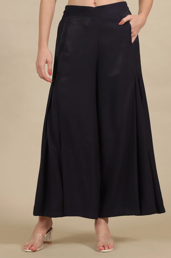 Blue Solid Flared Rayon Palazzo With Pleats