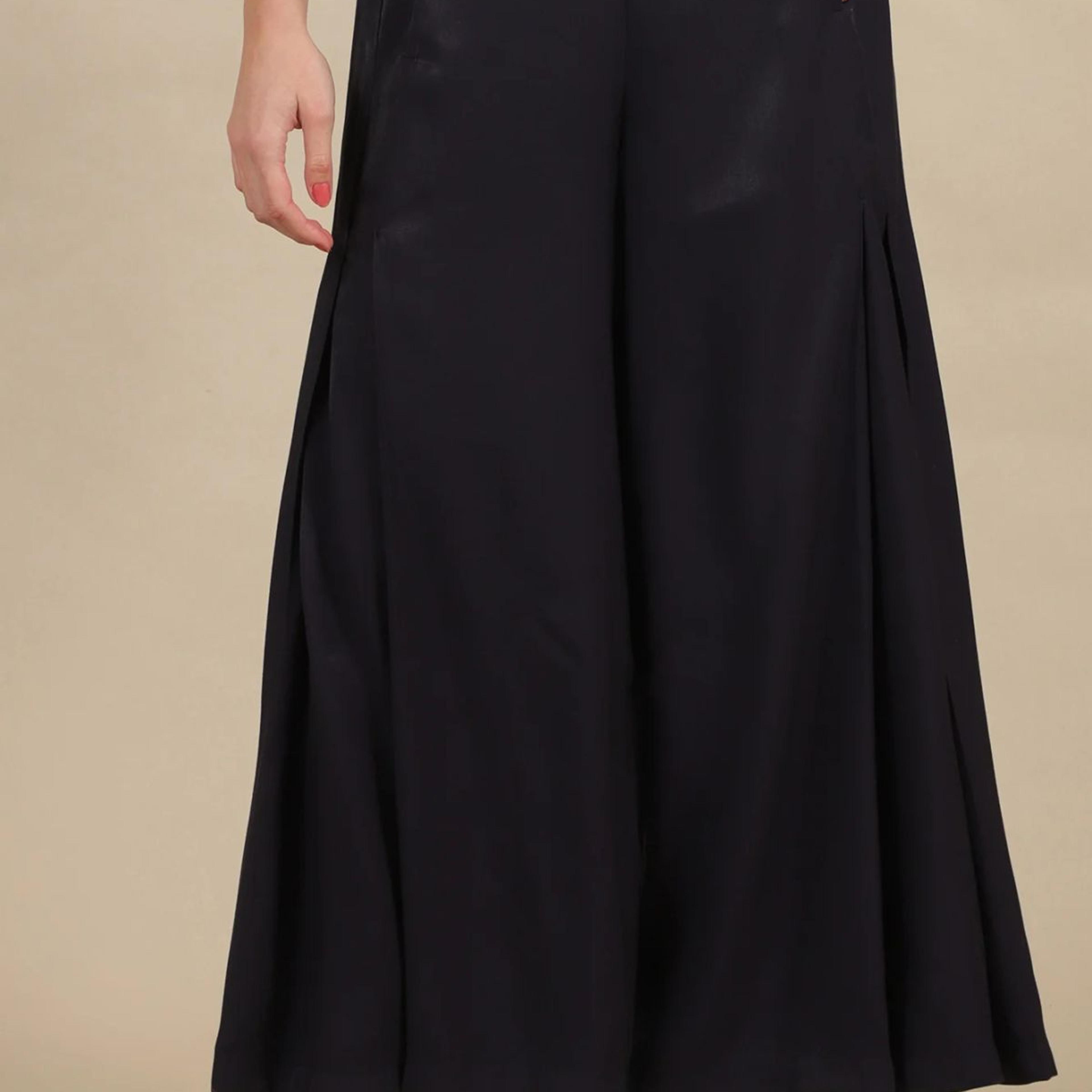 Blue Solid Flared Rayon Palazzo With Pleats