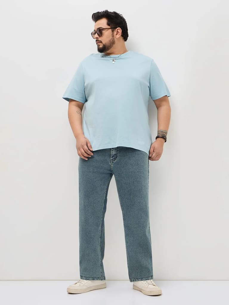 Plus Men's Ice Blue Regular Fit Towel Washed Yellow Tint Denim Jeans Stretchable — photo 4