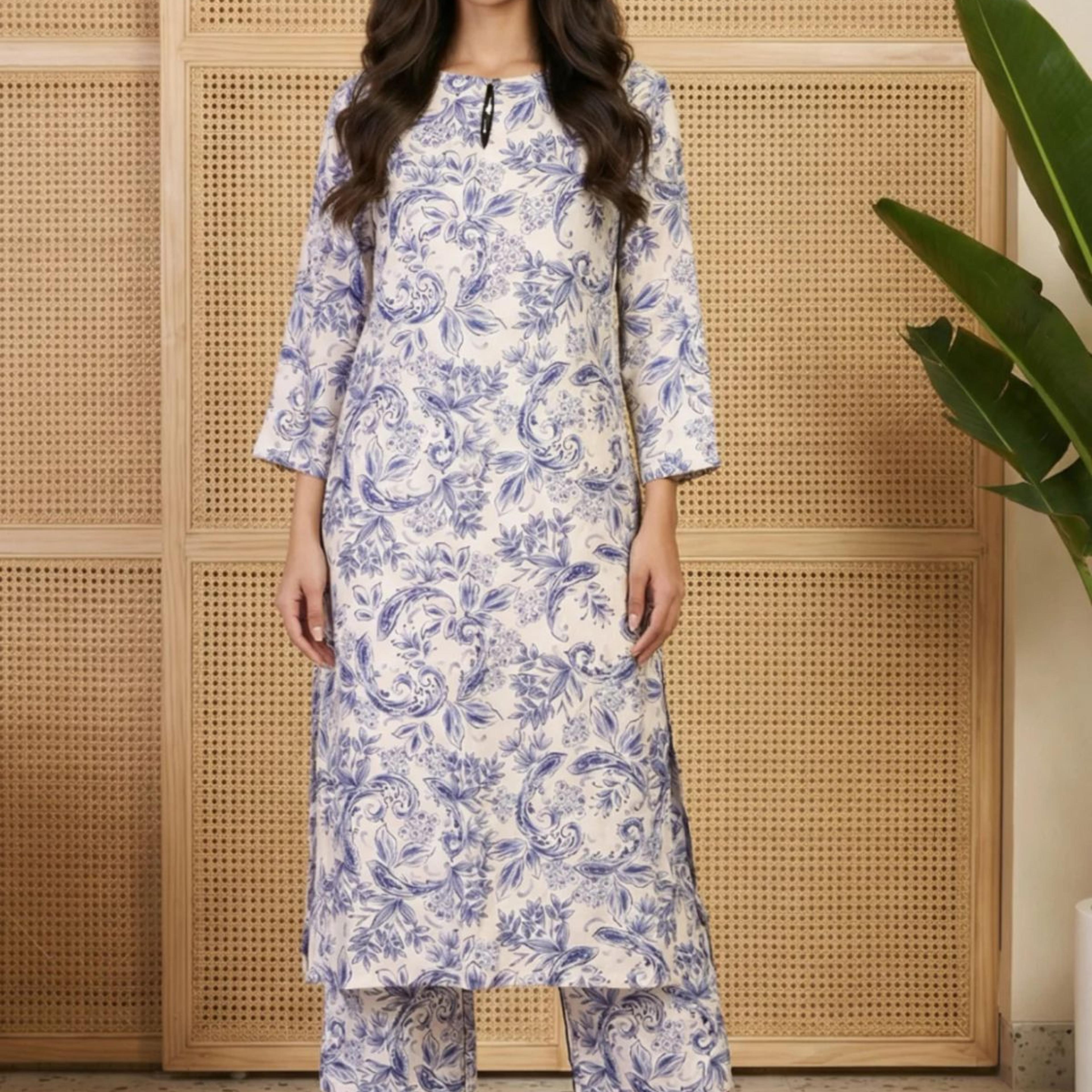 Blue Floral Printed Straight Kurta and Pants Set