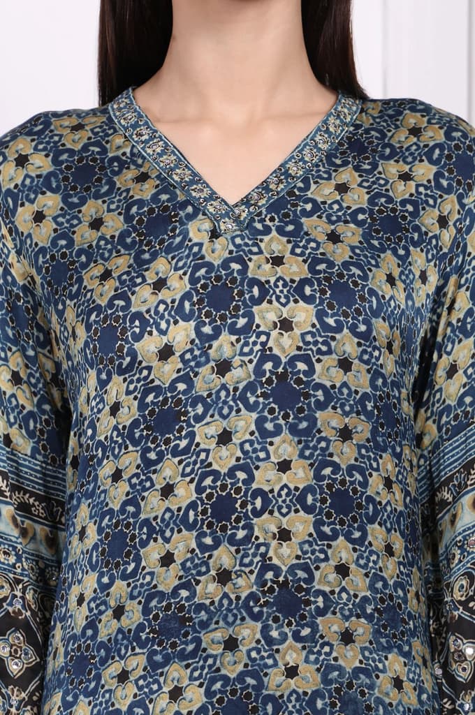 Blue Floral Printed Thread Embroidered Modal Satin Straight Kurta — photo 3
