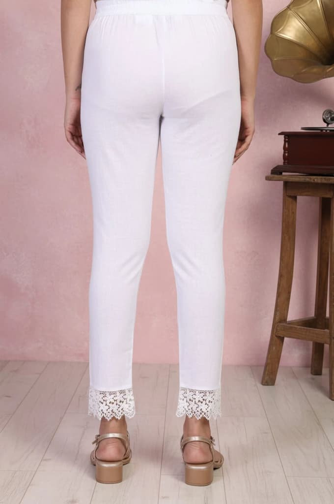 White Lace Trim Slim-Fit Cotton Pant — photo 5