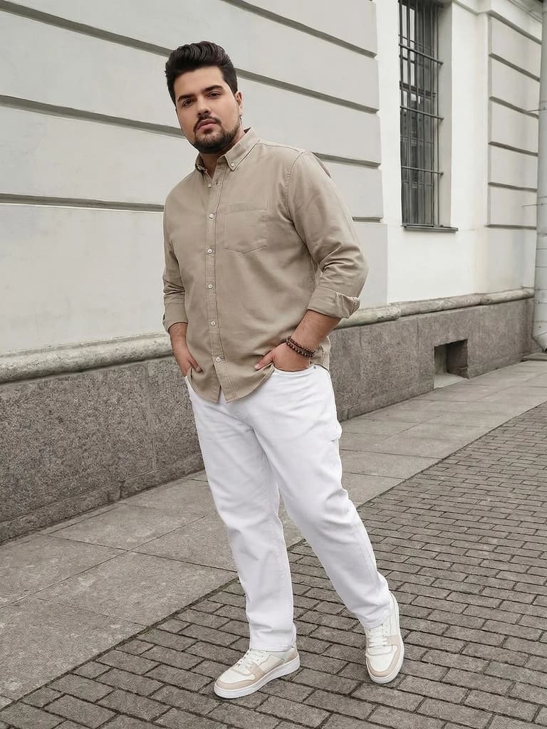 Plus Men's Khaki Cotton Full Sleeve Regular Fit Solid Oxford Shirt With Button-Down Collar — photo 4