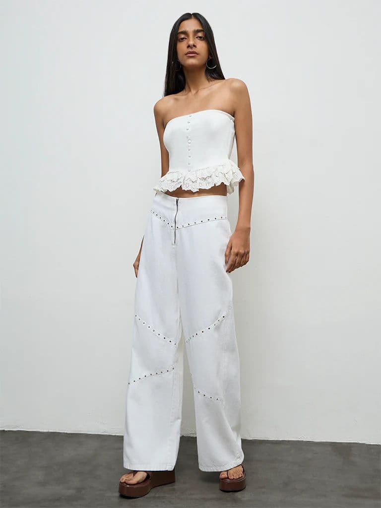 Nuon White Frill-Detailed Cotton-Blend Tube Top