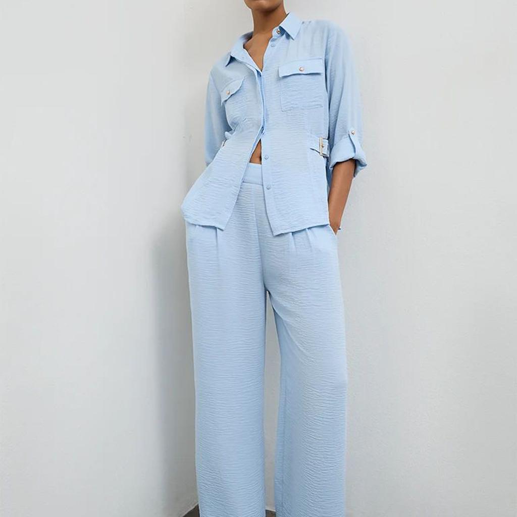 Wardrobe Light Blue Crinkle-Textured High-Rise Trousers