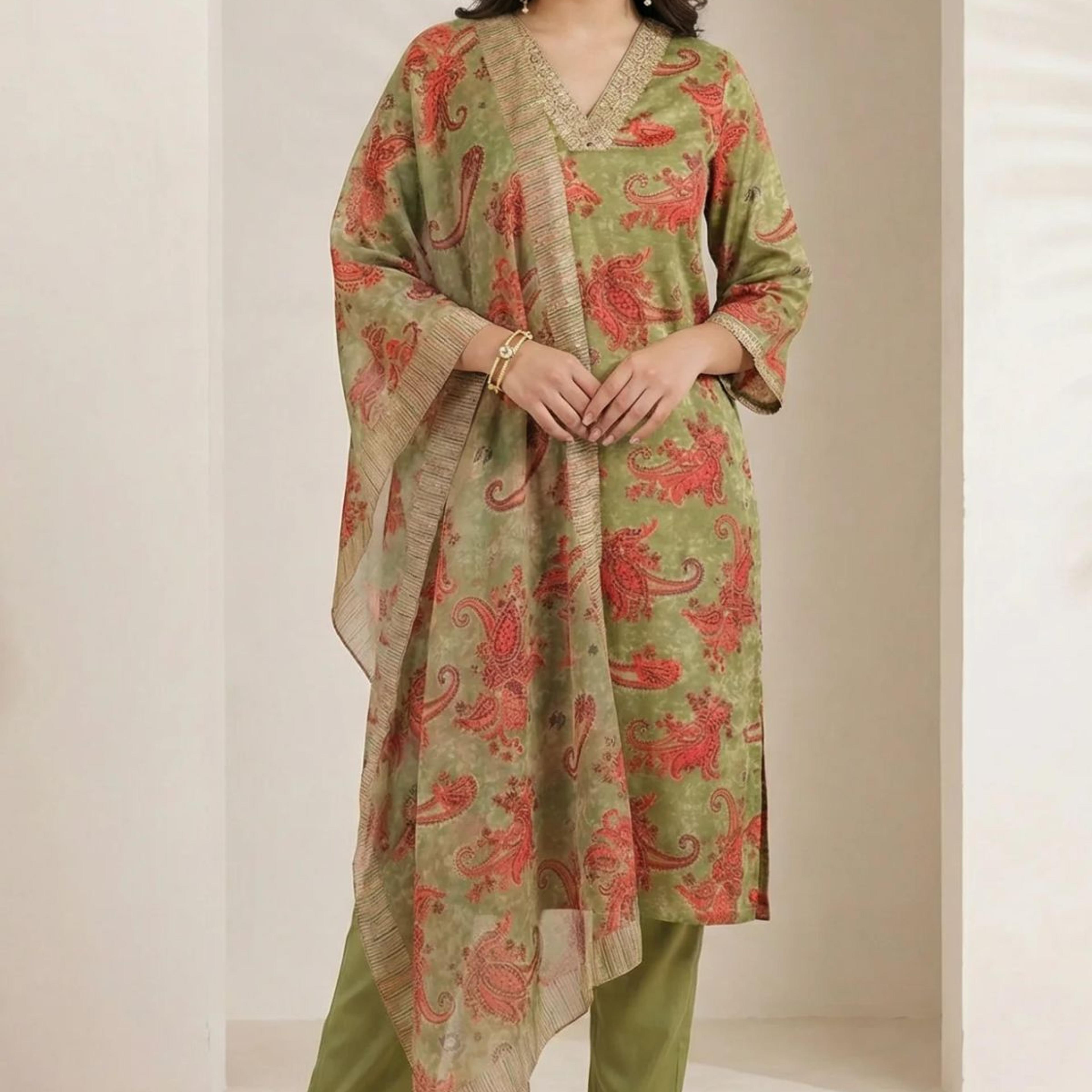Olive Sequins Paisley Printed Straight Satin Kurta with Straight Pants and Dupatta Set